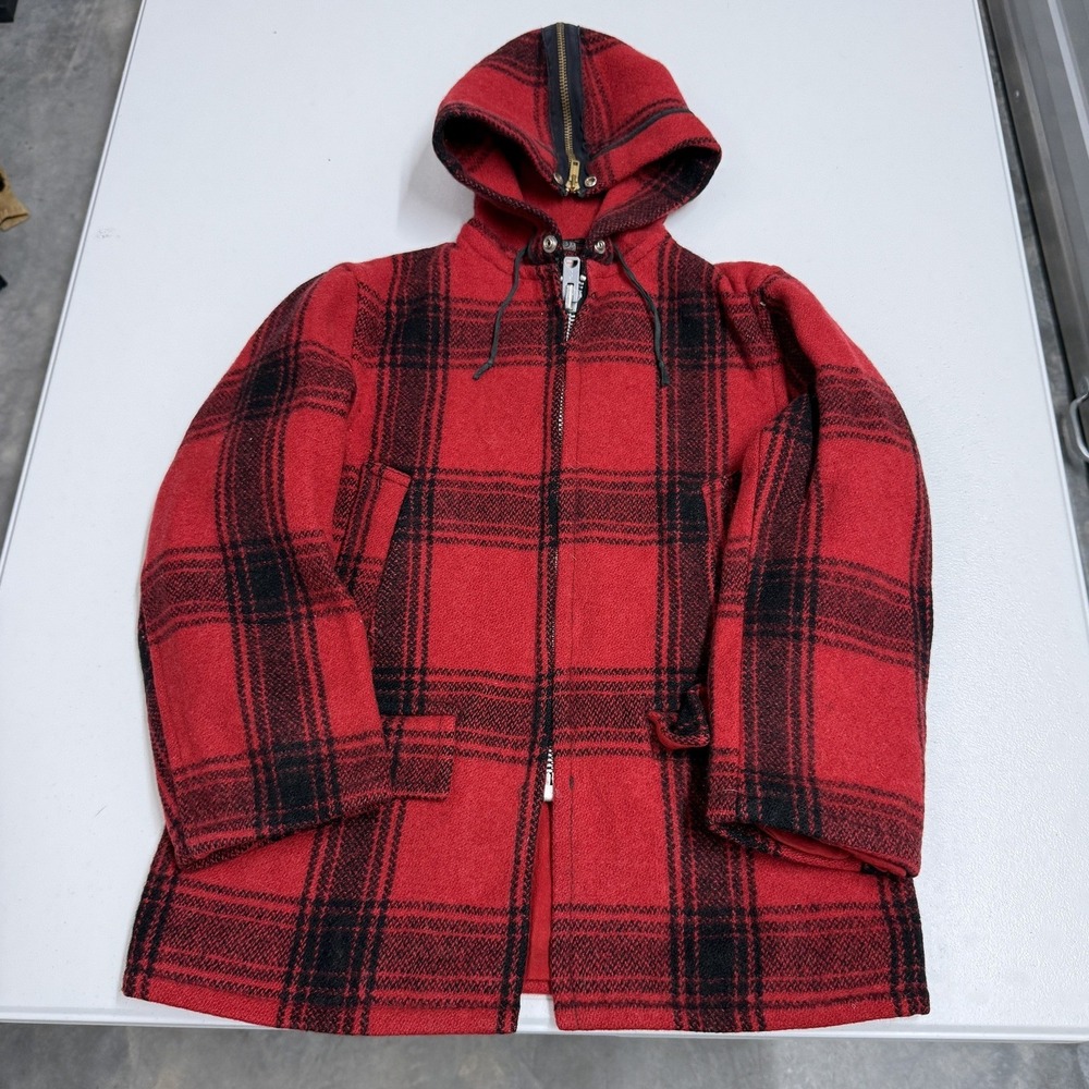 Johnson Woolen Mills Plaid Wool Jacket womans 10 Red Excellent Zip Hood Hunting